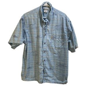 Vintage Columbia River Lodge Shirt Adult XXL Blue‎ Button Up Fish Print Mens
